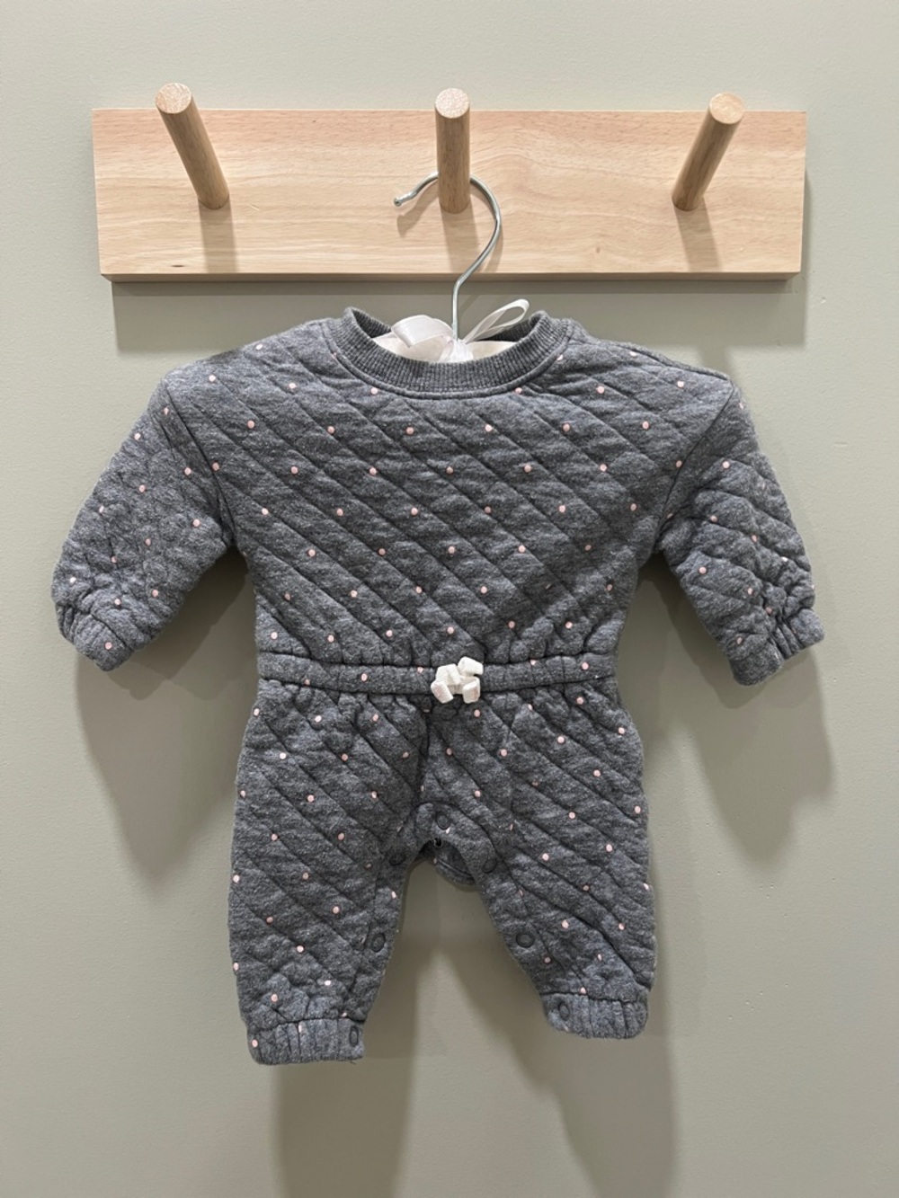 Quilted Gray Baby One-Piece with Pink Dot Accents